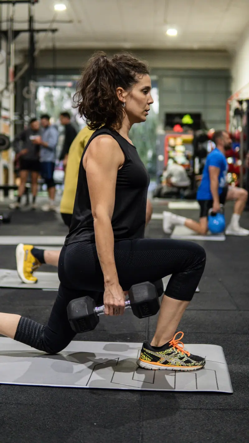 Atleta haciendo zancadas con mancuernas